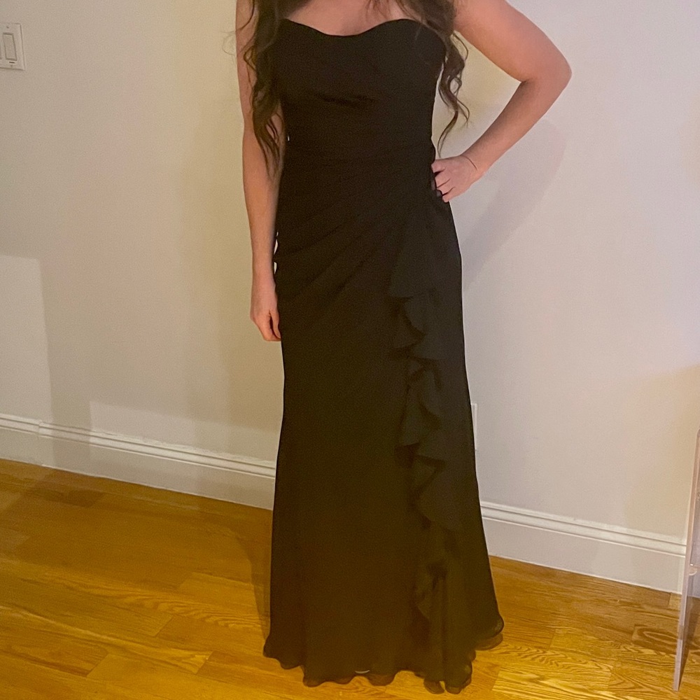 Mori Lee Black Ruched Strapless Ruffled Bridesmaid Prom Black Tie Dress